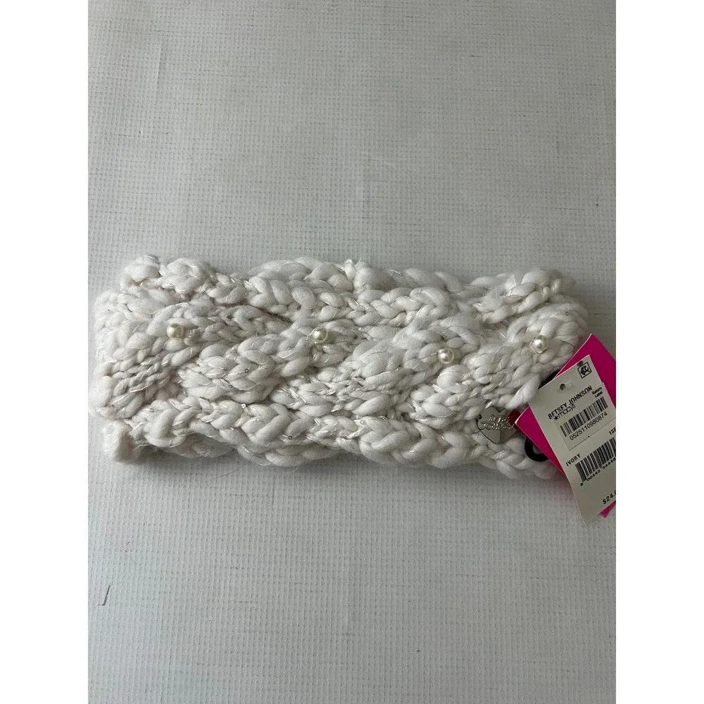 Betsey Johnson Winter Headband‎ Women Ivory Faux Pearl Chunky Knit